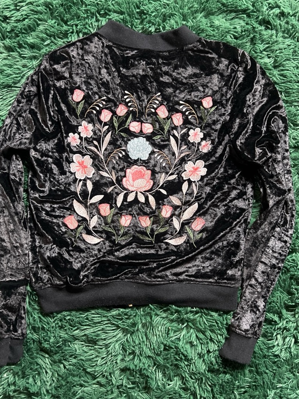 Charlotte Russe Black Velvet Bomber Jacket with Pink Floral Embroidery